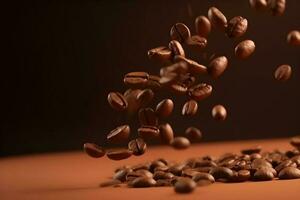 Flying falling coffee beans on brown background photo