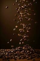 Flying falling coffee beans on brown background photo