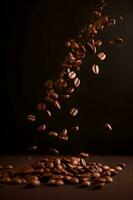 Flying falling coffee beans on brown background photo