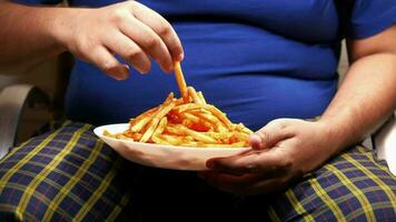 un grasa hombre comiendo francés papas fritas mientras sentar video