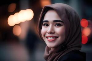 Portrait of a beautiful south east asian muslim woman wearing hijab and smiling. photo