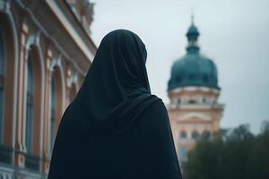 un musulmán mujer en un negro niqab atuendo soportes en un patio. generativo ai foto