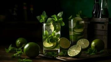 Mojito cocktail with lime, mint and ice on wooden table photo