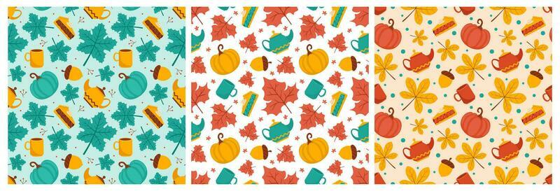 Set of Autumn Seamless Pattern Illustration Element Panoramic of Maple Trees Fallen in Cartoon Template Hand Drawn