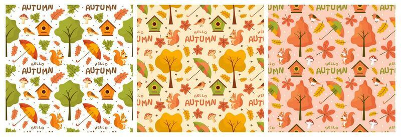 Set of Autumn Seamless Pattern Illustration Element Panoramic of Maple Trees Fallen in Cartoon Template Hand Drawn