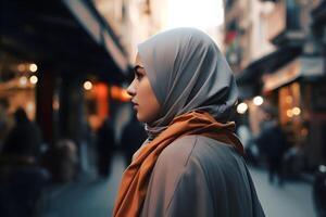 hermosa musulmán mujer vistiendo hijab soportes en un ciudad calle. generativo ai foto