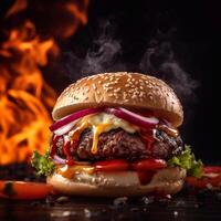 Fresh tasty burger isolated with fire and smoke on table on dark background photo