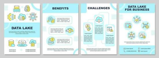 Data lake turquoise brochure template. Benefits and challenges. Leaflet design with linear icons. Editable 4 vector layouts for presentation, annual reports