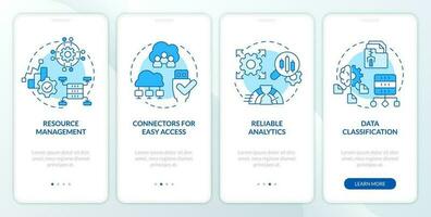 Data lake architecture blue onboarding mobile app screen. Walkthrough 4 steps editable graphic instructions with linear concepts. UI, UX, GUI templated vector