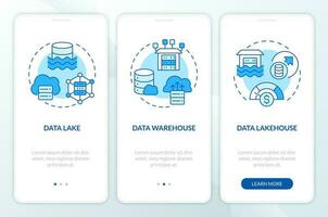 Data repositories blue onboarding mobile app screen. Digital storage walkthrough 3 steps editable graphic instructions with linear concepts. UI, UX, GUI templated vector
