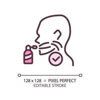 Throat spray pixel perfect RGB color linear icon. Remedy for inflammatory treatment. Breathe refreshing material. Thin line illustration. Contour symbol. Vector outline drawing. Editable stroke