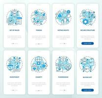 DAO elements and usage purpose blue onboarding mobile app screens set. Walkthrough 4 steps editable graphic instructions with linear concepts. UI, UX, GUI templated vector