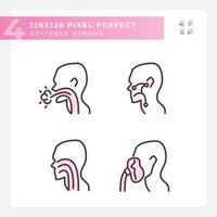 Throat treatment pixel perfect RGB color linear icons set. Infections spreading prevention. Patients with diseases. Isolated vector illustration. Simple filled line drawing. Editable stroke