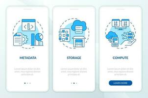 Data lake and warehouse blue onboarding mobile app screen. Differences walkthrough 3 steps editable graphic instructions with linear concepts. UI, UX, GUI templated vector