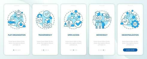 DAO characteristics blue onboarding mobile app screen. IoT walkthrough 5 steps editable graphic instructions with linear concepts. UI, UX, GUI templated vector