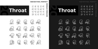 Throat pixel perfect linear icons set for dark, light mode. Diseases diagnosis and treatment. Awareness about sickness. Thin line symbols for night, day theme. Isolated illustrations. Editable stroke vector