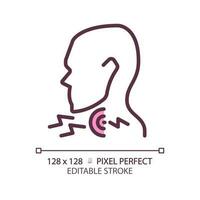 Sore throat pixel perfect RGB color linear icon. Patient suffering from pain. Infectious disease. Medical diagnostics. Thin line illustration. Contour symbol. Vector outline drawing. Editable stroke