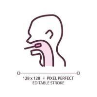 Throat exam pixel perfect RGB color linear icon. Medical checkup of patient. Taking sample for tests with probe. Thin line illustration. Contour symbol. Vector outline drawing. Editable stroke