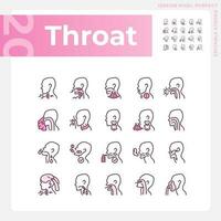 Throat pixel perfect RGB color linear icons set. Diseases diagnosis and treatment. Awareness about sickness causes. Isolated vector illustration. Simple filled line drawing. Editable stroke