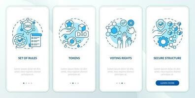 DAO elements blue onboarding mobile app screen. Digital network walkthrough 4 steps editable graphic instructions with linear concepts. UI, UX, GUI templated vector