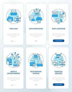 Data lake blue onboarding mobile app screens. Storage usage walkthrough 3 steps editable graphic instructions with linear concepts. UI, UX, GUI templated vector