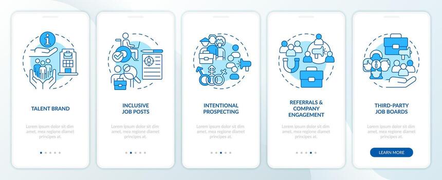 Diversifying pipeline of candidates blue onboarding mobile app screen. Walkthrough 5 steps editable graphic instructions with linear concepts. UI, UX, GUI template vector