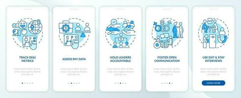 Making DEI efforts practices blue onboarding mobile app screen. Walkthrough 5 steps editable graphic instructions with linear concepts. UI, UX, GUI template vector