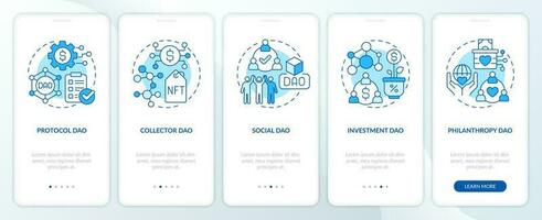 Types of DAOs blue onboarding mobile app screen. Internet industry walkthrough 5 steps editable graphic instructions with linear concepts. UI, UX, GUI templated vector