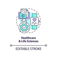 cuidado de la salud y vida ciencias concepto icono. versión controlar sistema final usuario industria resumen idea Delgado línea ilustración. aislado contorno dibujo. editable carrera vector