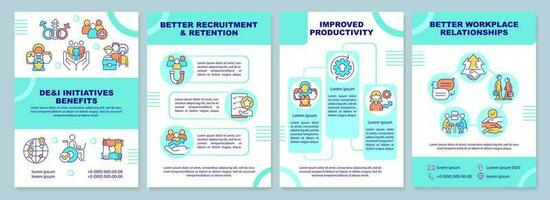 DEI initiatives benefits mint brochure template. Leaflet design with linear icons. Editable 4 vector layouts for presentation, annual reports