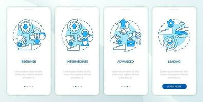DEI program maturity stages blue onboarding mobile app screen. Walkthrough 4 steps editable graphic instructions with linear concepts. UI, UX, GUI template vector
