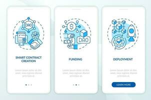 DAO lunch stages blue onboarding mobile app screen. Internet network walkthrough 3 steps editable graphic instructions with linear concepts. UI, UX, GUI templated vector