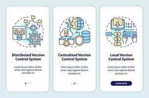 Version control systems types onboarding mobile app screen. Walkthrough 3 steps editable graphic instructions with linear concepts. UI, UX, GUI template vector