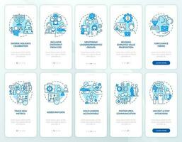 DEI programs for workplace blue onboarding mobile app screens set. Walkthrough 5 steps editable graphic instructions with linear concepts. UI, UX, GUI template vector