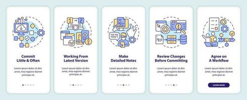 Source code management best practices onboarding mobile app screen. Walkthrough 5 steps editable graphic instructions with linear concepts. UI, UX, GUI template vector