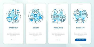 DAO usage purpose blue onboarding mobile app screen. Internet business walkthrough 4 steps editable graphic instructions with linear concepts. UI, UX, GUI templated vector