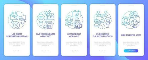 Ways to reach clients strategies blue gradient onboarding mobile app screen. Walkthrough 5 steps graphic instructions with linear concepts. UI, UX, GUI template vector