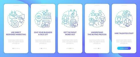 formas a alcanzar clientela estrategias azul degradado inducción móvil aplicación pantalla. recorrido 5 5 pasos gráfico instrucciones con lineal conceptos. ui, ux, gui modelo vector
