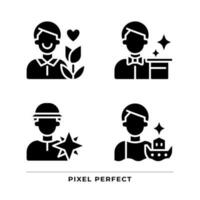 Male archetypes black glyph icons set on white space. Personality traits. Psychoanalytic theory. Lover, magician. Silhouette symbols. Solid pictogram pack. Vector isolated illustration