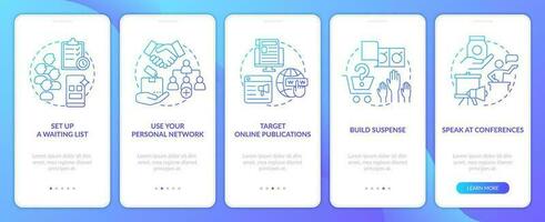How to acquire customers blue gradient onboarding mobile app screen. Walkthrough 5 steps graphic instructions with linear concepts. UI, UX, GUI template vector