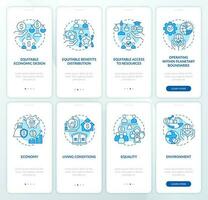 Green economy attributes blue onboarding mobile app screen set. Walkthrough 4 steps editable graphic instructions with linear concepts. UI, UX, GUI template vector