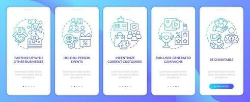 Get new customers for startup blue gradient onboarding mobile app screen. Walkthrough 5 steps graphic instructions with linear concepts. UI, UX, GUI template vector