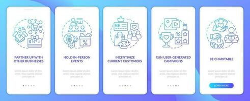 Get new customers for startup blue gradient onboarding mobile app screen. Walkthrough 5 steps graphic instructions with linear concepts. UI, UX, GUI template vector