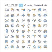 Choosing business tools RGB color icons set. Software selection. Brand development. Isolated vector illustrations. Simple filled line drawings collection. Editable stroke