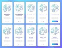 Mobile phone hacking attack blue gradient onboarding mobile app screen set. Walkthrough 5 steps graphic instructions with linear concepts. UI, UX, GUI template vector
