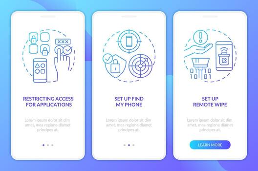 proteger teléfono inteligente azul degradado inducción móvil aplicación pantalla. digital seguridad recorrido 3 pasos gráfico instrucciones con lineal conceptos. ui, ux, gui modelo vector