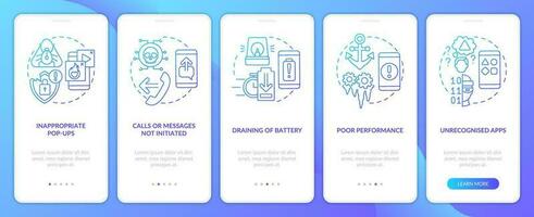 Smartphone hacking attacks blue gradient onboarding mobile app screen. Walkthrough 5 steps graphic instructions with linear concepts. UI, UX, GUI template vector