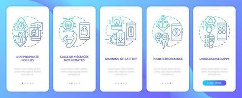 teléfono inteligente hackear ataques azul degradado inducción móvil aplicación pantalla. recorrido 5 5 pasos gráfico instrucciones con lineal conceptos. ui, ux, gui modelo vector