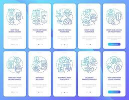 Prevent mobile phone hacking blue gradient onboarding mobile app screen set. Walkthrough 5 steps graphic instructions with linear concepts. UI, UX, GUI template vector