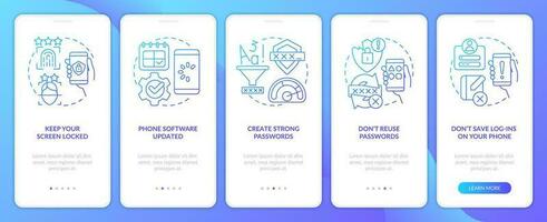 Smartphone protection tips blue gradient onboarding mobile app screen. Walkthrough 5 steps graphic instructions with linear concepts. UI, UX, GUI template vector